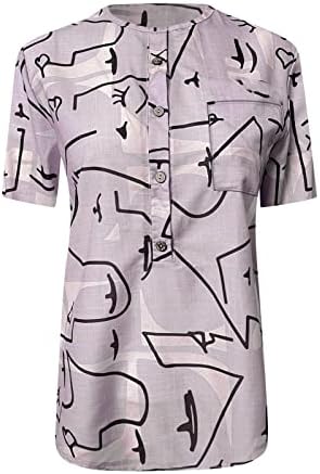 T-shirt de verão feminino Nokmopo Top casual de linho de linho de linho de linho impresso de colarinho de colarinho de mangas curtas com bolso