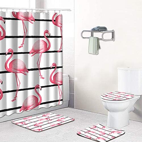 Rnnjoile 4 PCs Curtains de chuveiro flamingo e conjunto de tapetes para banheira de cortina de banheiro rosa com banheiro conjunto