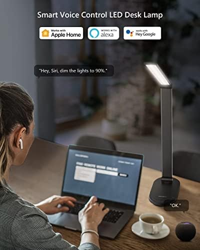 Lâmpadas de mesa LED vocolinc para escritório em casa, luz de controle de voz Luz com vários modos de iluminação, escurecimento de escuridão, luz de mesa com controle de aplicativos, carregador sem fio, trabalho com Alexa Siri Google