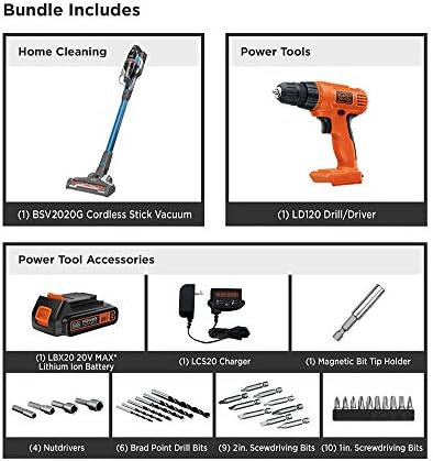 Black+Decker 20V Max sem fio Drill/Driver Kit com Powerseries Extreme Cordless Stick Vacuum, Blue