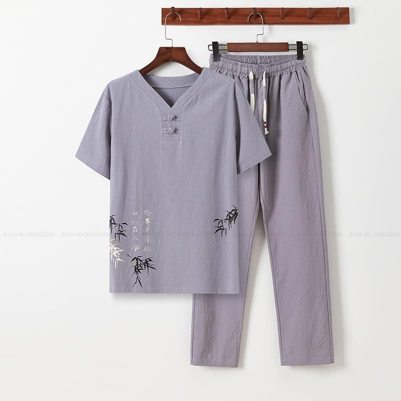 Linho zen chá tee tampes calças kung fu uniforme casual camiseta solta camiseta chinesa retro estilo tang terno de
