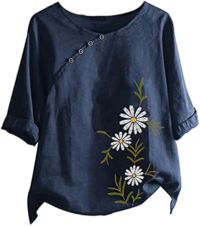 Camisas de linho de algodão para mulheres, botão de manga curta feminina no topo do verão Floral Print Crewneck Bloups Plus Size