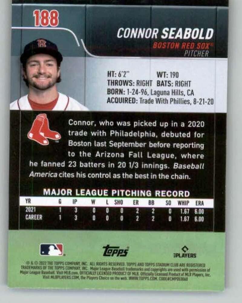 2022 Stadium Club Red Foil #188 Connor Seabold RC Rookie Boston Red Sox MLB Baseball Trading Card