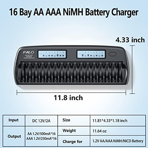 Palogreen AA Baterias recarregáveis ​​8 pacote 1,2V NIMH com 16 Bay 1.2V AA AAA Carregador de bateria recarregável para