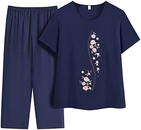 Roupas de verão de 2 peças para mulheres plus size casual manga curta camiseta e calça conjuntos de mulheres idosas