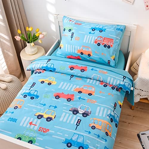 Conjunto de roupas de cama para criança de carro de 4 peças Conjunto de consoladores de carros fofos para meninos de