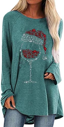 Vestido de Natal Tops para mulheres, blusas de túnica plus size copos de vinho Camiseta de canto de Papai Noel Camiseta engraçada amante de vinho Xmas camisetas fofas