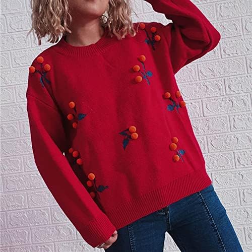 Muduh suéteres para mulheres no pescoço redondo de inverno Manga longa Padrão de cereja de cereja diariamente suéter