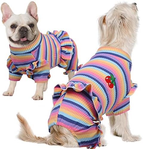 Pijama de cachorro Onesie listrado, macacão de estimação macio e fofo, macacão de cachorro respirável com saia, camisa de pulôver