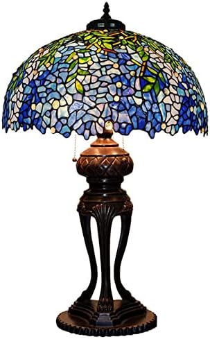 Fiunkes wisteria tiffany lâmpada manchada de vidro de vidro lâmpada de mesa de cabeceira vitoriana roxa azul roxo lâmpada