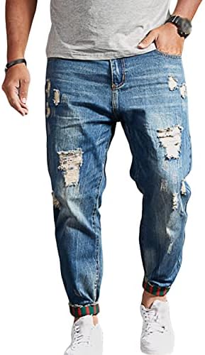 Maiyifu-gj Men Reduzido Angustado Jeans Estream perna reta Slim Fit calça jeans Hip Hop Jean com buracos quebrados