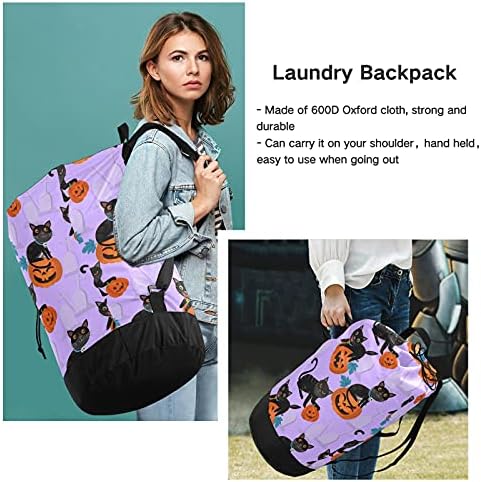Saco de lavanderia de gato preto de abóbora de Halloween com alças de ombro de lavanderia Backpack Bolsa Fechamento de Custring