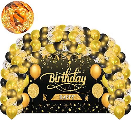 Decorações de feliz aniversário Banner-Extra grande kit de balões pretos e dourados, luzes de fada de cordas, poster