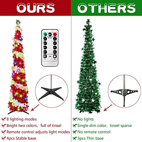 Árvore de Natal de Tinsel Pop Up Tinsel de 5 pés, árvore de Natal artificial dobrável com luzes 8 Modos Skinny Lápis Árvore