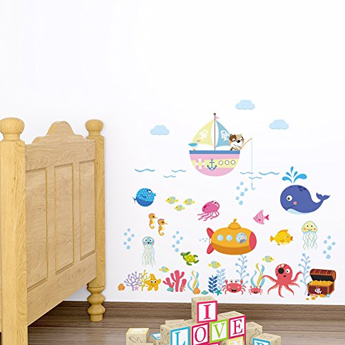 Parede de parede sob o mar de baleia de coral de coral de parede de parede de pesca de gato submarino decalque removível de parede, crianças crianças berçário de bebê berçário diy adesivo de arte mural de parede de arte decorativa
