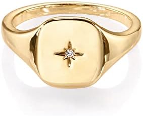 Pavoi 14K Gold Bated Grated Siget Ring com North Star | Anéis leves de declaração espessa para mulheres | Jóias diárias