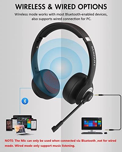 Fone de ouvido Bluetooth em Sanfant, v5.0 fones de ouvido sem fio estéreo com microfone de giro a muto, 22h de reprodução, fone de ouvido Bluetooth/com fio com microfone para laptop/telefone celular/tablet