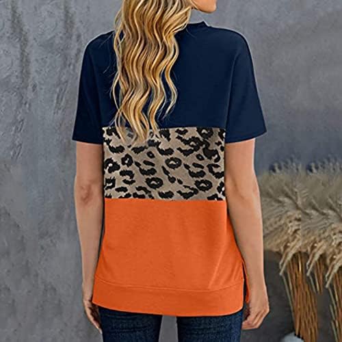 Bloco de cores para mulheres Tops de verão Leopard Impresso de manga curta Camiseta casual pescoço redondo solto camisetas