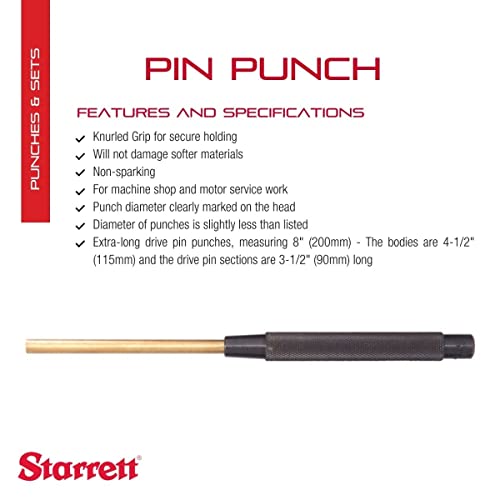 Starrett Extra -Long Brass Drive Pin Punch com aderência serrilhada para dirigir pinos para dentro ou para fora de
