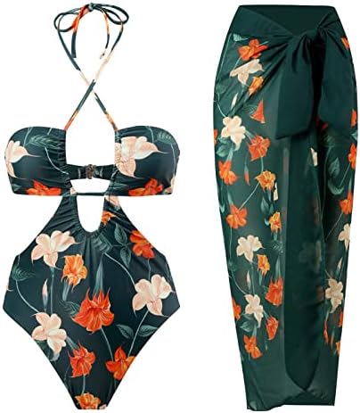 Monokini Bikini Conjunto para mulheres Sext Aberto Fronteiro Floral Artimo de estampa com saia Halter pescoço de