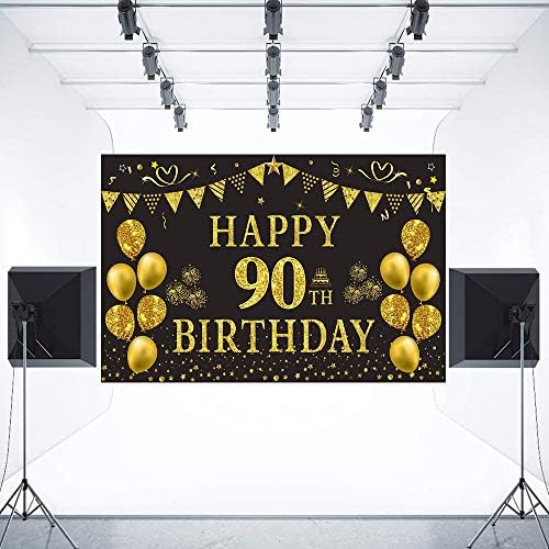 TRGOWAUL 90º aniversário de ouro e preto 5,9 x 3,6 fts Feliz aniversário Decorações de festas Banner para homens Men