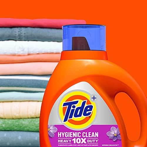 Tide higiênica limpa pesada 10x Derty Detergente líquido, prado de mola, 59 cargas, 92 fl oz, ele compatível