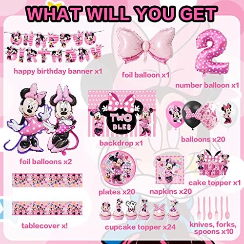 Minnie 2nd Birthday Party Supplies, Twodles Birthday Party Supplies incluem Banner de Feliz Aniversário, Cenário, balões, pratos,