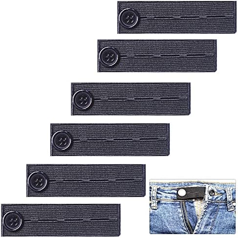 Extensores elásticos da cintura elástica do eixo 6, extensor de botão de banda de vidro ajustável para calças de jeans de calça, pacote de 6 preto