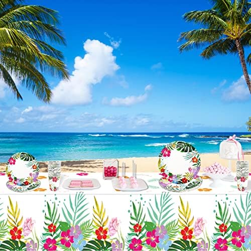 121 PCs Luau Hawaiian Party Decorações - suprimentos de utensílios de mesa de festas tropicais ALOHA, incluindo pratos, guardanapos, copos e toalha de mesa para piscina de verão e decoração de festa de aniversário de luau tropical serve para 30