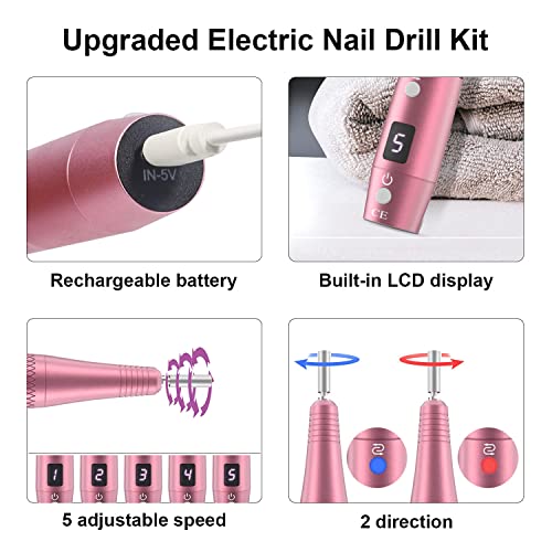 Ferrilha de unhas elétricas sem fio, Pelcas Kit de perfuração de unhas portáteis profissionais de manicure 20000rpm recarregável