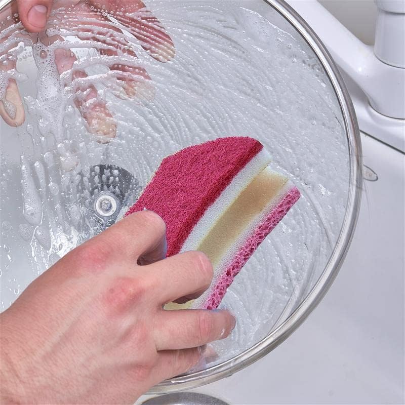 Esponja de esfrega sem arranhões com uma aderência confortável, esponja de esponja de esponja de cozinha de duelo pesado, esponja de celulares, livre de arranhões, com blocos de limpeza, 1 esponja, vermelho/rosa