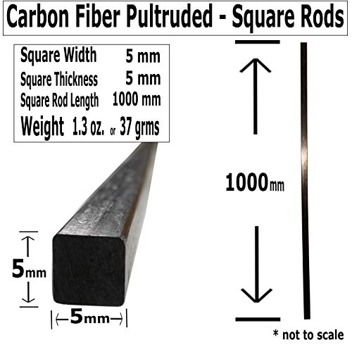 Karbxon - haste de fibra de carbono quadrado - 5 mm x 1000 mm - haste sólida quadrada pultrudada - acabamento fosco preto