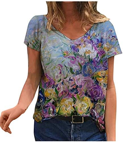 Womens Summer V pescoço camiseta tops com estampa flora