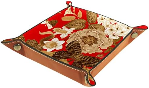 Bandeja de manobrista de couro, bandeja de dados suporte quadrado dobrável, placa organizadora de cômodos para trocar a chave da moeda, a florfeta de borboleta japonesa Red Peony
