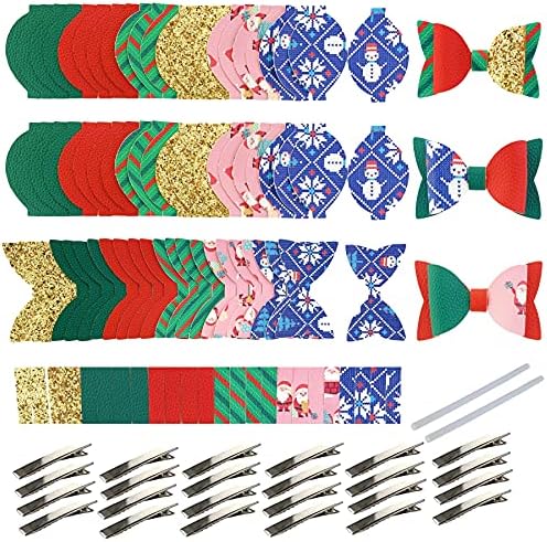Aouxseem 24 set Christmas Faux Leather Coxing Kit para iniciantes, barretas de cabeça de arco de bricolage, contém clipes de jacaré