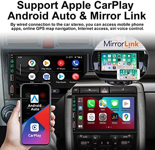 Estéreo de carro duplo de poder duplo com Apple CarPlay Android Auto -Touch Screen Radio de tela de tela de toque com Bluetooth/Mirror Link/FM Radio/Aux/Controle do Rodo de Direção + Câmera de Backup