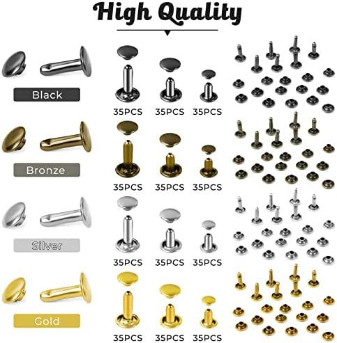 420 Sets Kit de rebites de couro, bronze de bronze de dupla tampa pregos de couro com ferramentas de configuração de 3pcs