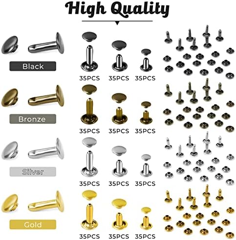 420 Sets Kit de rebites de couro, bronze de bronze de dupla tampa pregos de couro com ferramentas de configuração de 3pcs para reparo e artesanato de couro, 4 cores e 3 tamanhos