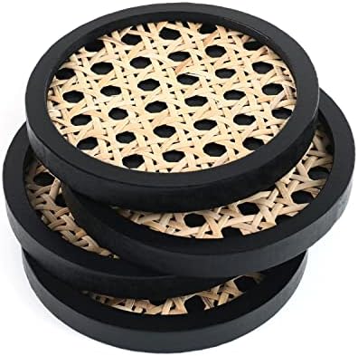 Coasters de vime de madeira exclusivas | Decoração de vime elegante para proteger as superfícies | Conjunto de 4 | Coasters