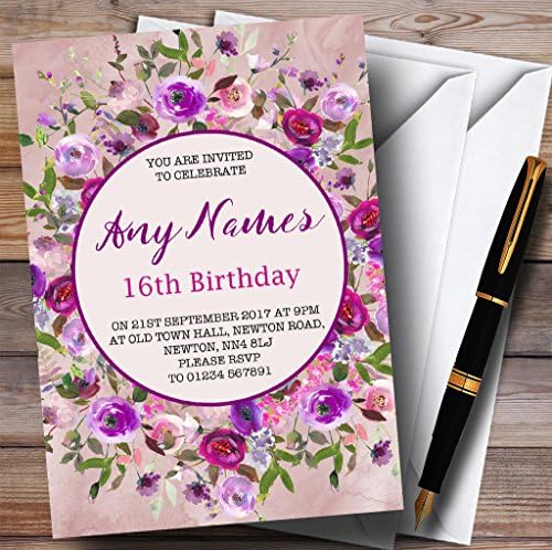 Pink & Purple Watercolor Floral 16º convites de festa de aniversário personalizados