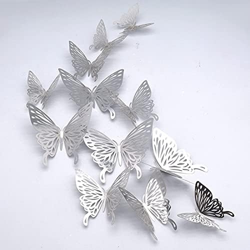 Adesivos de parede de borboleta 3D, Cayuden 24pcs 3 tamanhos decorações de borboleta prateada decoração de parede adesivos de decoração de borboleta diy para quarto, porta, janela, casamento, decoração de festa