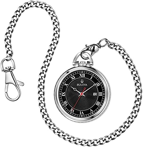 Bulova Classic Pocket Watch Watch Data de 3 mãos Quartz Aço inoxidável, mostrador preto com cadeia destacável Estilo: 96B308