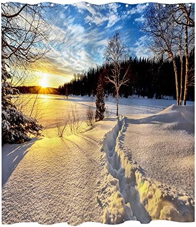 Yuyouqu Winter Floresta Coberta de neve Curta de chuveiro Paisagem de neve Snowy Sunset tem tema de tecido de barra