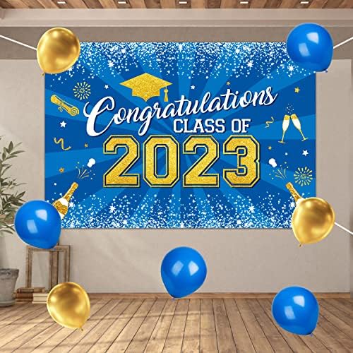 XIMISHOP 13PCS Decorações de festa de graduação 2023 ， Blue Gold Parabéns Classe de banner de graduação de 2023
