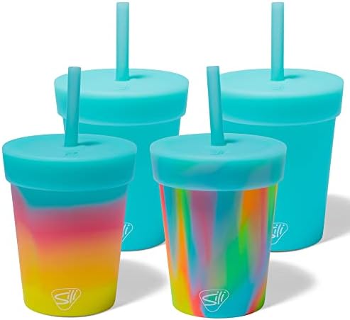 Silipint: Silicone Kids 8oz Straw Tumblers: 4 pacote - Açúcar Rush, Aurora e 2 Aqua - tampa aérea, cor sazonal