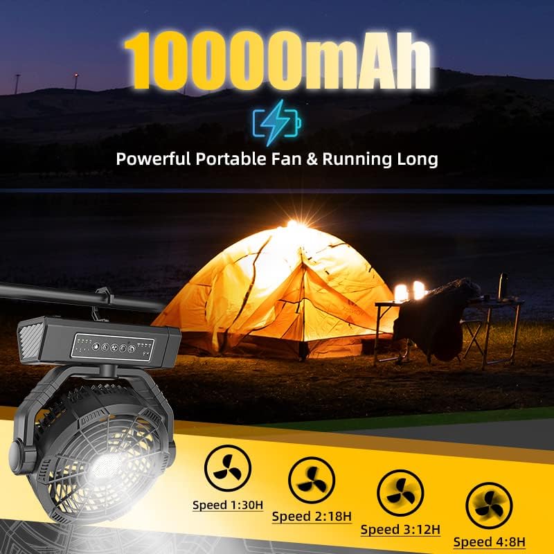 Wavmill Fan Portable Recarregável-10000mAh Fan de 9 polegadas de camping com luz e gancho, Auto-oscilação de bateria USB
