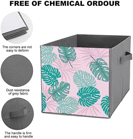 Folhas tropicais Monstera Pattern Storage Cubes com alças Bins de tecido dobrável Organizando cestas para prateleiras armário