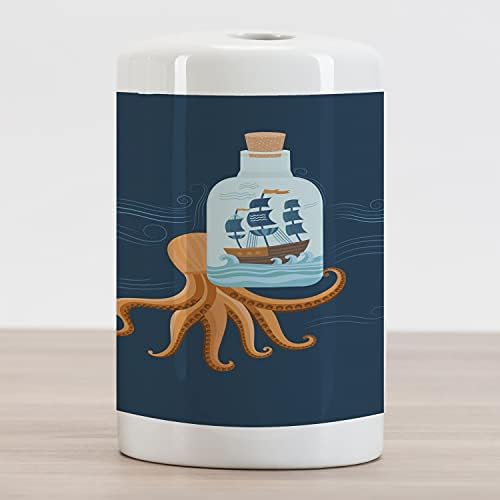 Porto de dentes cerâmica de Cerâmica de Ambesonne Octopus, navio na garrafa ondas marítimas âncora náutica de verão subaquático, bancada versátil decorativa para banheiro, 4,5 x 2,7, laranja e noturna escura azul