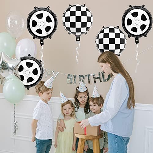Blmhtwo 12 peças Balões de carro de corrida, balões quadriculados de 18 polegadas Balões de roda preta e branca filme de alumínio