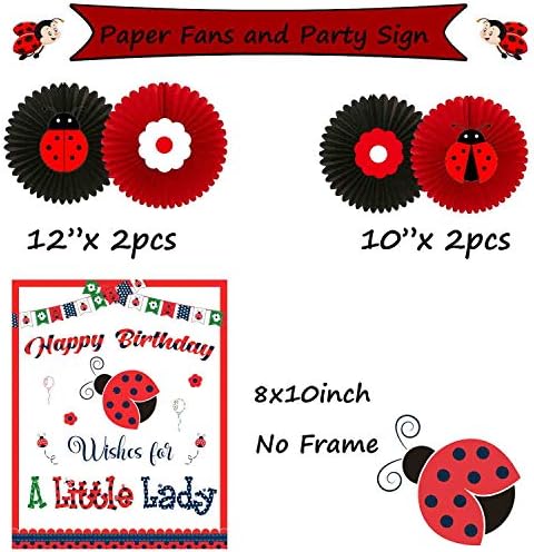 Ladybug Birthday Party Decorations Supplies Kit de festas Inspo, faixa de feliz aniversário, placa de aniversário, fãs de papel com adesivos, balões de caminhada de Lady Bug, pom pom pom, bolo topper